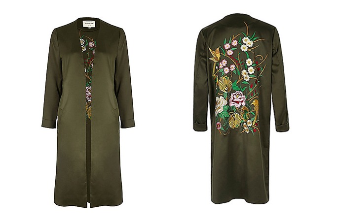 River Island - Khaki nightingale embroidered duster River Island Khaki nightingale embroidered duster